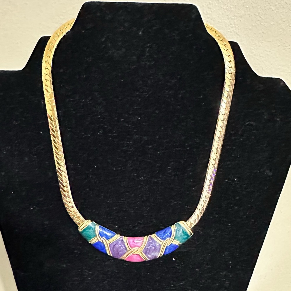 Lovely Herringbone Purple, Blue, & Green Enamel Collar Necklace. - Picture 2 of 9